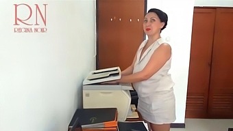 A Business Woman Scans Her Colleague'S Breasts And Vagina On Mfp Security Camera In The Office