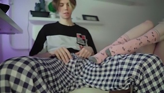 My Younger Sister Indulges In Foot Fetish By Rubbing My Feet Through My Socks