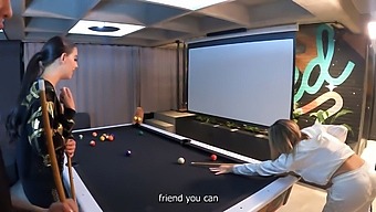 Two Beautiful Brunettes And A Stunning Brunette Give A Threesome Blowjob On A Pool Table